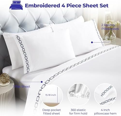 Superior Embroidered Cotton Sheet Set California King WhiteNavy Blue