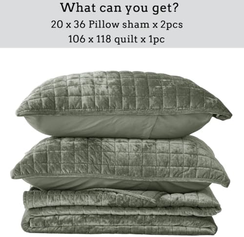 3 Pieces Velvet Cal King Quilt Set with Pillow Shams Army Green