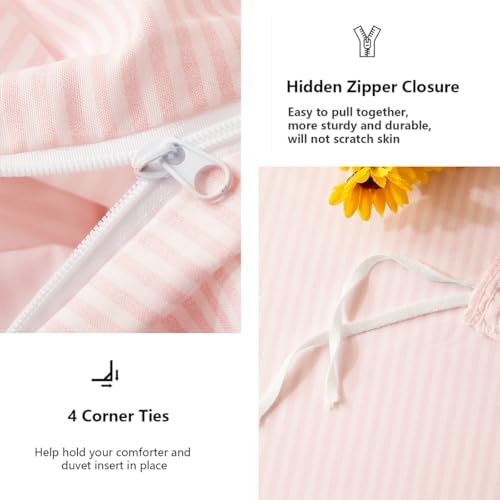 Pink Striped Duvet Cover Set 3Pcs Queen Size