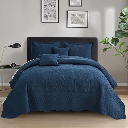 DaisyHuang Botanical Oversized Bedspread Set - Navy Leaves Pattern