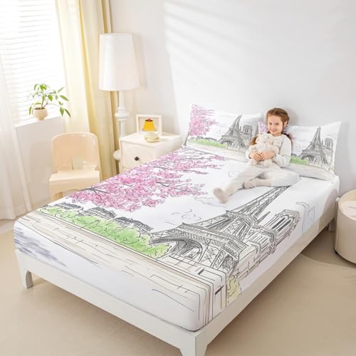 Jejeloiu Paris Themed Sheet Set with Pillowcase for Kids