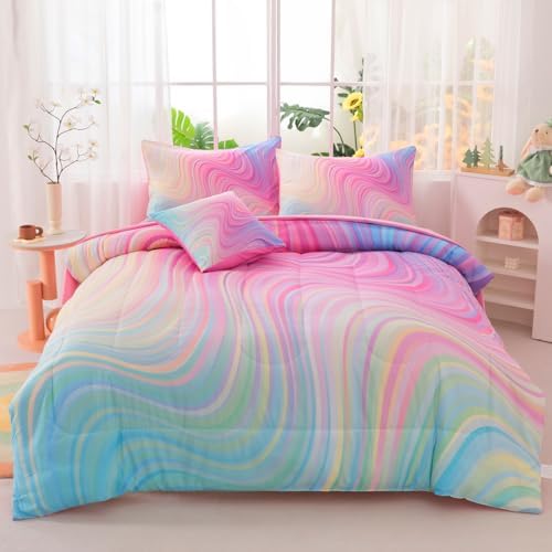 ASKOTU Girls Pink Blue Rainbow Comforter Set 6 Pcs
