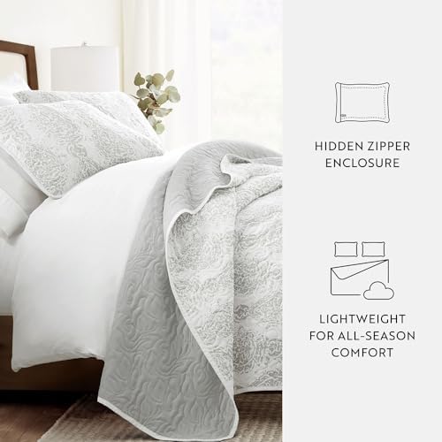 Linen Market Patterned Reversible Microfiber Quilt Set - KingCal-King Light Gray