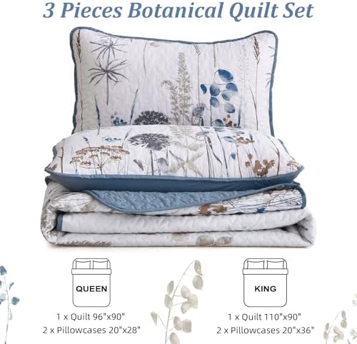 Dobuyly Blue Floral King Quilt Set 3pcs