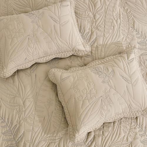 Botanical Bedspread Full Size Set - Leaves Pattern Stitched Quilt Cover