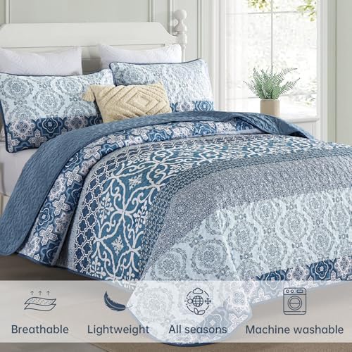 DJY Navy Blue Boho Quilt Set 3 Pieces King Size