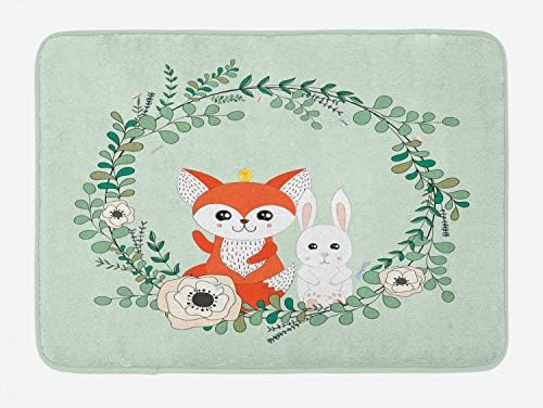 Ambesonne Cartoon Animal Bath Mat - Spring Friends Rabbit and Fox Floral