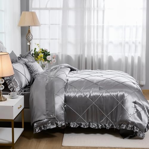 Grey Queen Comforter Set with 8 Pcs Satin Bedding