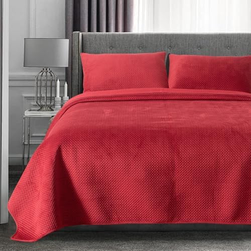 KASENTEX Ultra Soft Velvet Quilt Set King Size Red