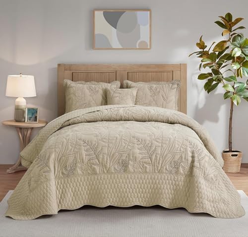Botanical Bedspread Full Size Set - Leaves Pattern Stitched Quilt Cover