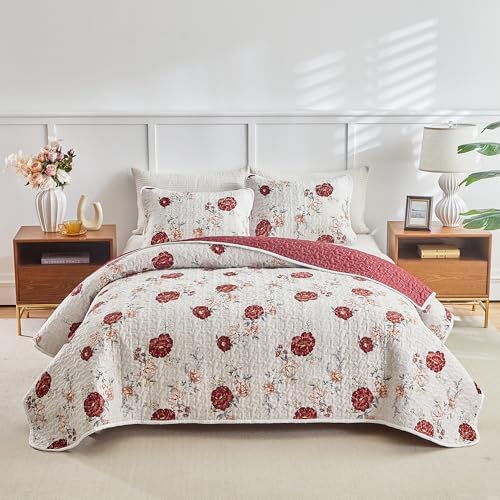 Floral Quilt Set 3 Pieces White with Red Roses