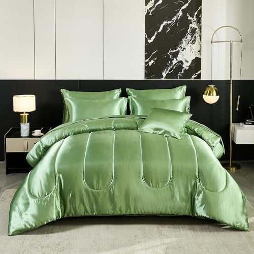 Green Queen Comforter Set with 8 pcs Satin Bedding