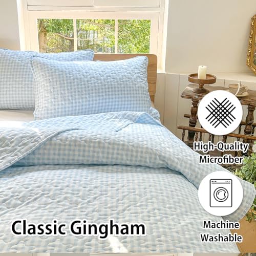 NSNLGSGC Gingham King Quilt Set Soft Blue Plaid Bedspread
