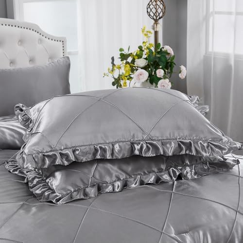 Grey Queen Comforter Set with 8 Pcs Satin Bedding