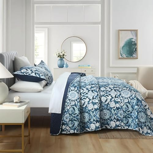 Boryard King Quilt Set Navy Blue Paisley Sunflower Print