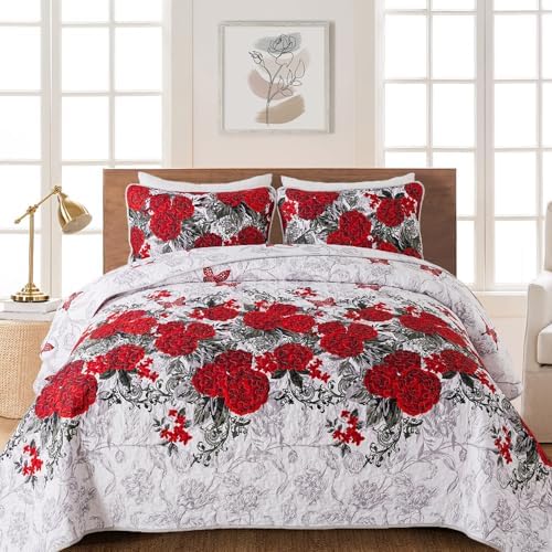 Yiran Red Floral Quilt Set King 3 Pieces