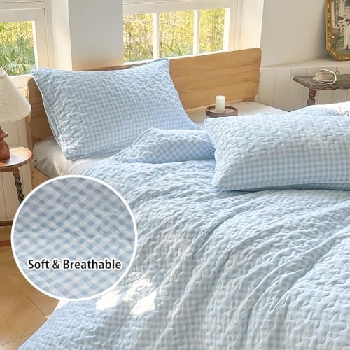 NSNLGSGC Gingham King Quilt Set Soft Blue Plaid Bedspread
