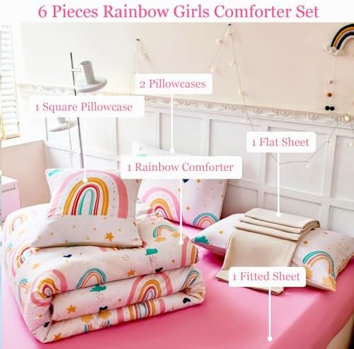 ANGIYUIN 6 Piece Rainbow Comforter Set for Girls