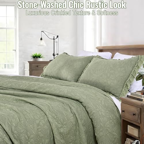 Uspring Green Ruffled Floral Quilt Set King Size 3 Piece