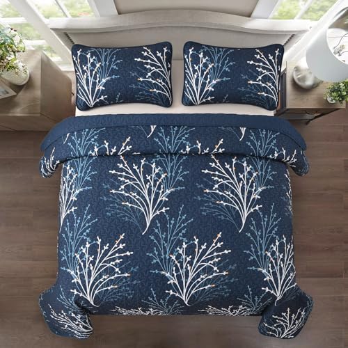 Navy Botanical Quilt Set - 3 Piece Microfiber Reversible Bedding 1