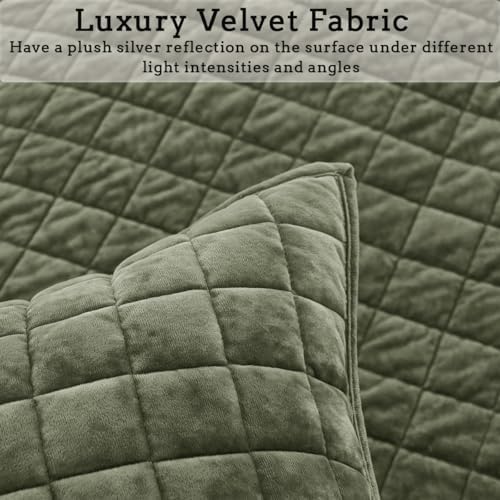3 Pieces Velvet Cal King Quilt Set with Pillow Shams Army Green