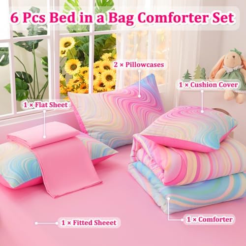 ASKOTU Girls Pink Blue Rainbow Comforter Set 6 Pcs