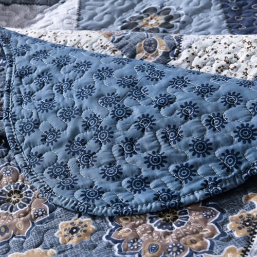 ENJOHOS Navy Blue Plaid Floral Quilt Set King Size 98x106