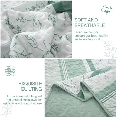 DJY Green Striped King Size Quilt Set with 2 Pillowcases