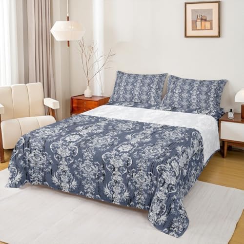 Erosebridal Damask Blue Gothic Floral Bed Sheet Set Twin