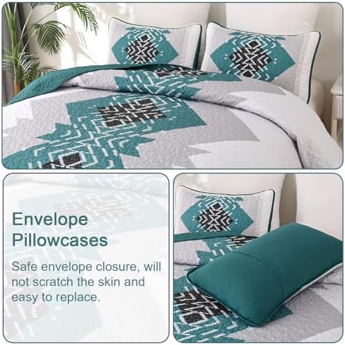 Dintszyayue Teal Boho Quilt Set 3 Pieces King Size
