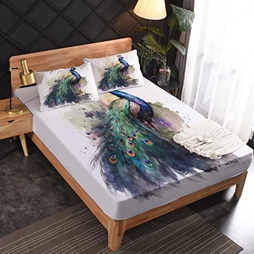 Peacock Watercolor California King Bed Sheet Set