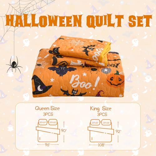 Luxudecor Halloween Queen Quilt Set with Pumpkin and Ghost Design