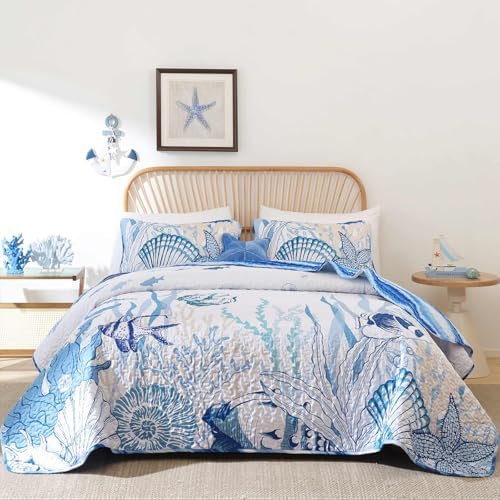 Coastal Quilt Set 3 Piece Queen Size Blue