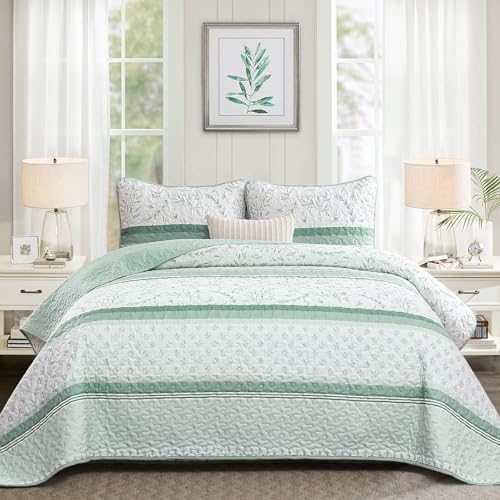 DJY Green Striped King Size Quilt Set with 2 Pillowcases