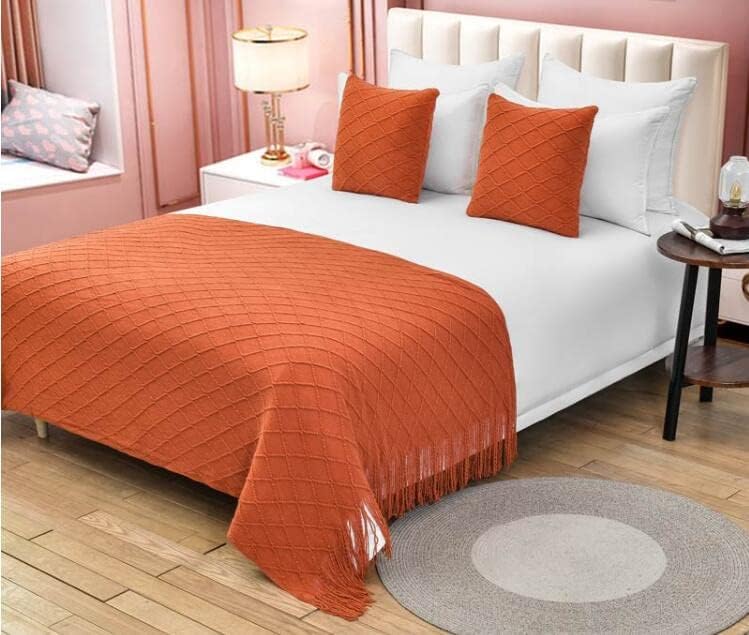 Zhiyuan Tassel Knitted Bed Runner Throw Blanket 50x905 Orange Red