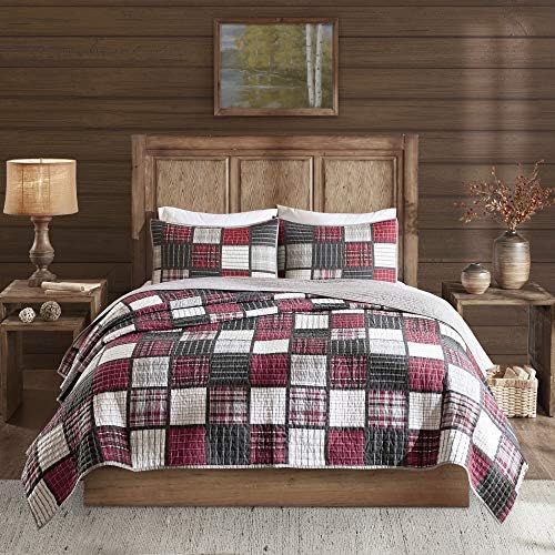Woolrich Reversible Quilt Set - 3 Piece Tulsa Plaid RedGrey