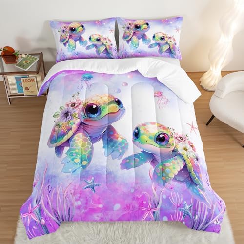Kids Comforter Set with Turtle Print and Purple Design