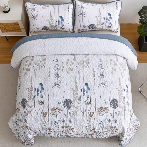 Dobuyly Blue Floral King Quilt Set 3pcs