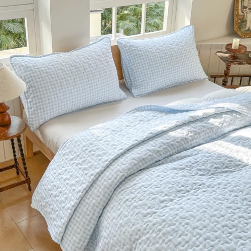 NSNLGSGC Gingham King Quilt Set Soft Blue Plaid Bedspread