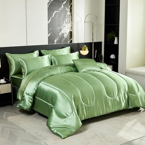 Green Queen Comforter Set with 8 pcs Satin Bedding