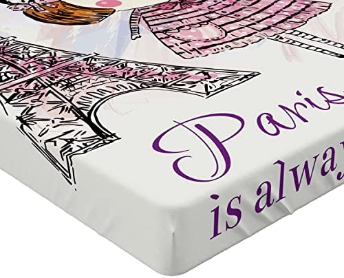 Ambesonne Paris Fitted Sheet - Pale Pink Purple White