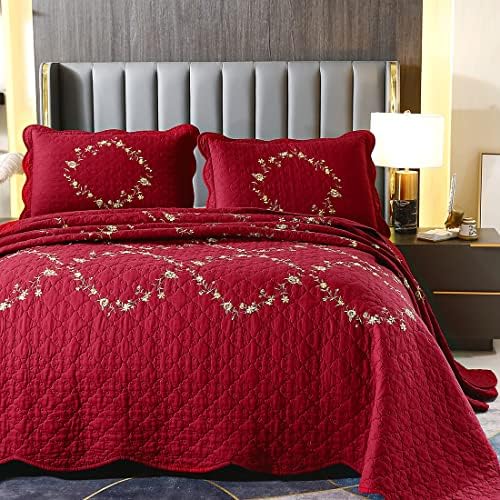Vctops 3-Piece Christmas Red Floral Bedspread Set
