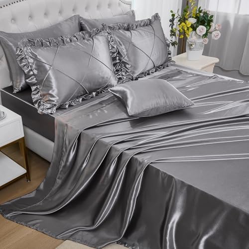 Grey Queen Comforter Set with 8 Pcs Satin Bedding