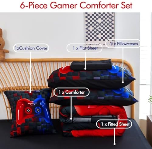 PERFEMET 6 Piece Kids Comforter Set Twin Red Blue Gamer Bedding