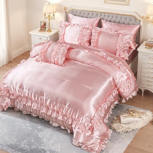 MOVE OVER Satin Comforter Set King Size 8 Pieces Pink
