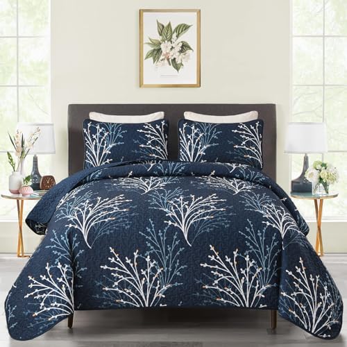 Navy Botanical Quilt Set - 3 Piece Microfiber Reversible Bedding 1