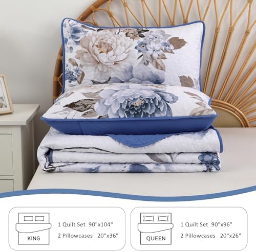 Wongs Bedding Blue Floral 3-Piece Quilt Set