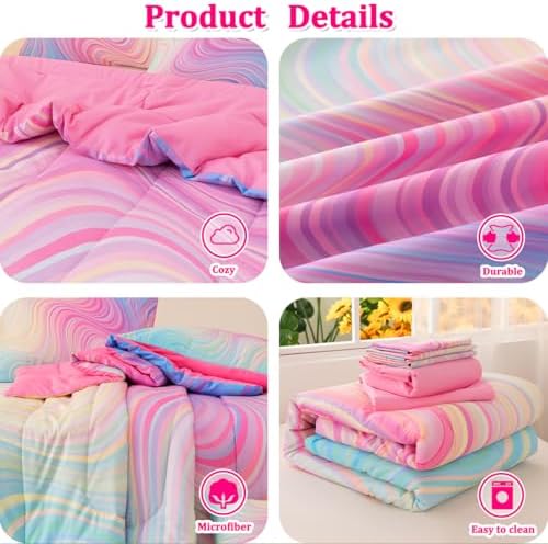 ASKOTU Girls Pink Blue Rainbow Comforter Set 6 Pcs