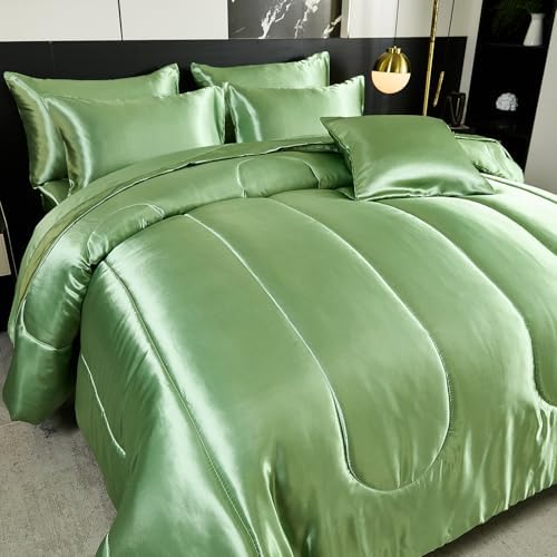 Green Queen Comforter Set with 8 pcs Satin Bedding