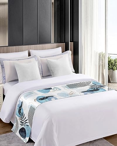 Boho Blue Bed Runner Scarf with Tropical Leaves Design